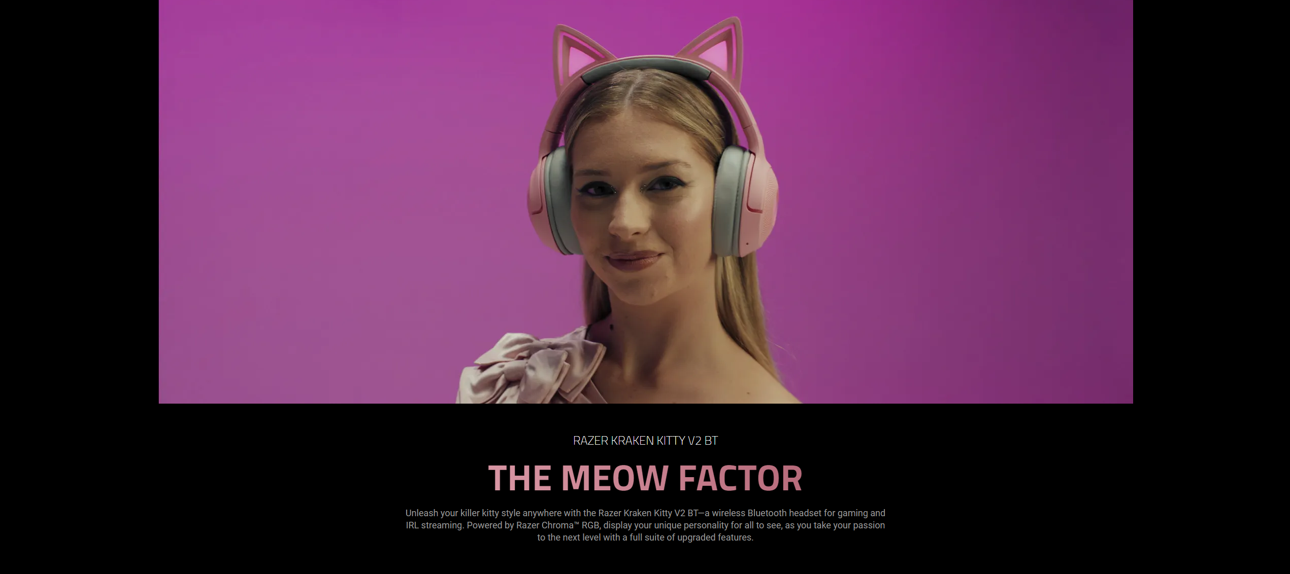A large marketing image providing additional information about the product Razer Kraken Kitty V2 - Wireless Bluetooth RGB Gaming Headset (Quartz Pink) - Additional alt info not provided